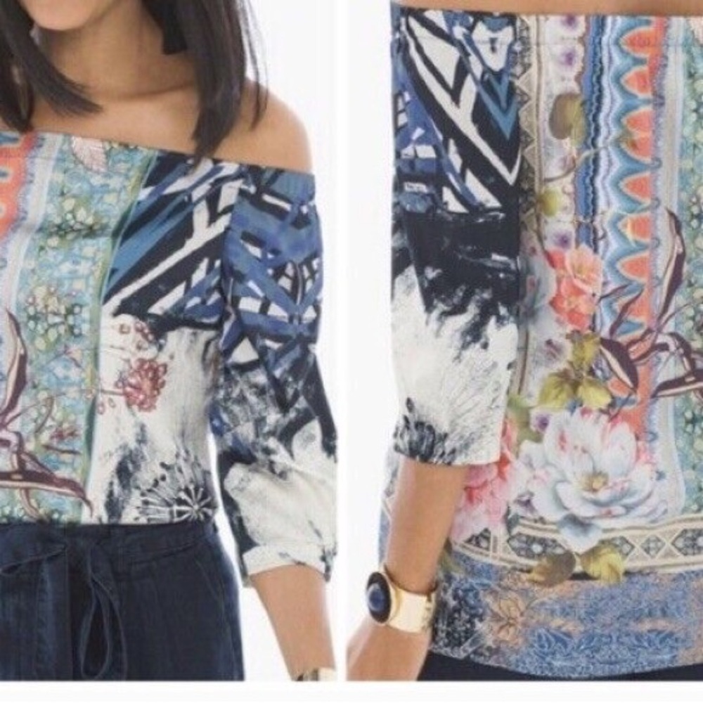 Chico's Blue Gray Off-Shoulder Graphic Blouse